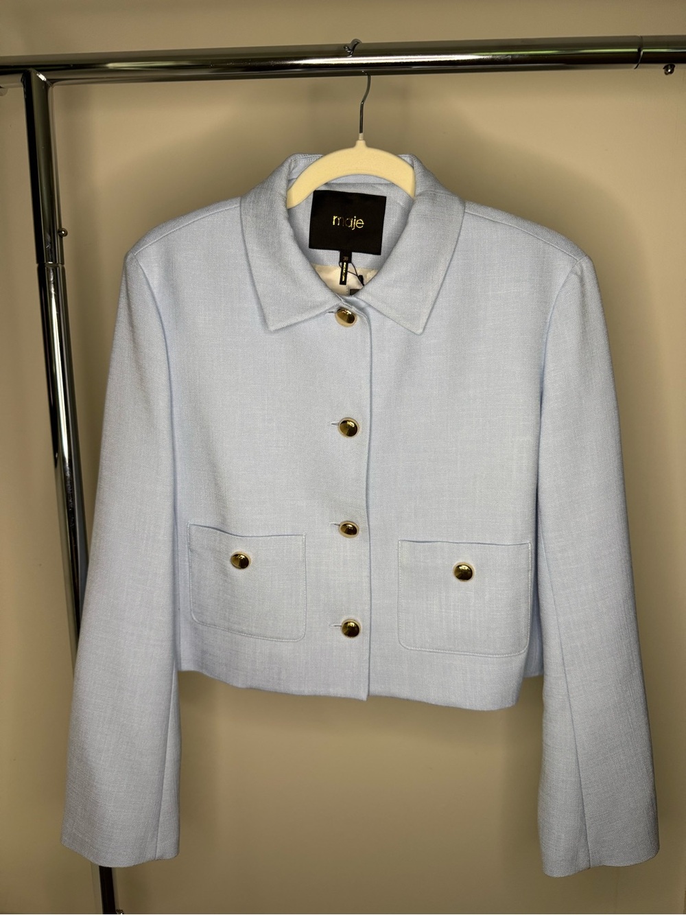 NWT Maje Short Single Breast Jacket in Light Blue with Gold Buttons